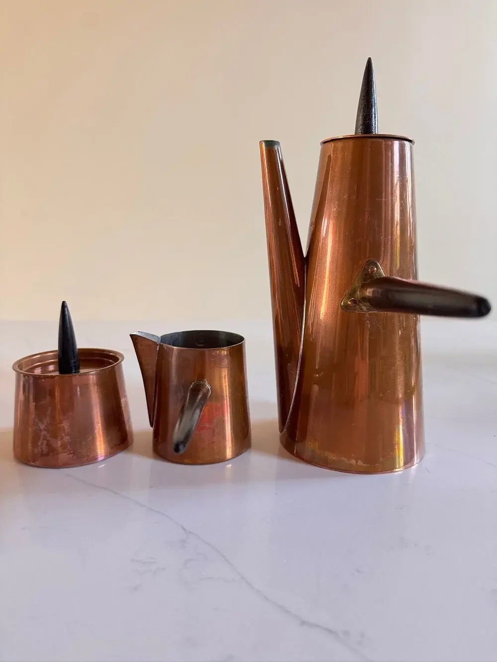 Vintage Copral Portugal Copper Coffee Pot Set Creamer Sugar Spike Wood Handle